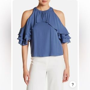 Alice + Olivia Idalla Blue Silk Top Blouse Cold Shoulder Ruffle XS MSRP $295